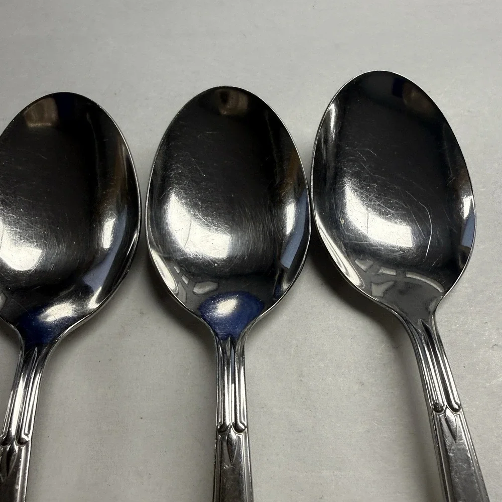 5 Oneida stainless Accent Soup Table Spoon Flatware MCM Silverware
